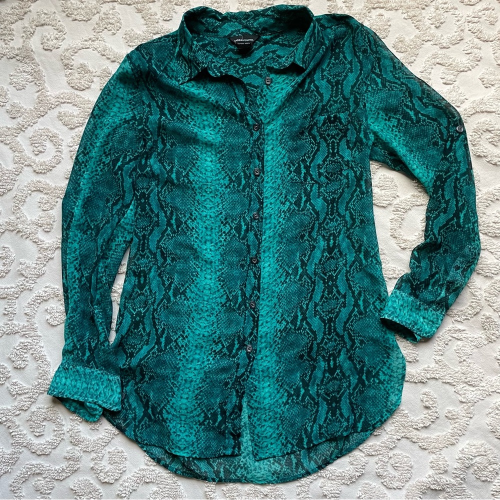 Teal Green Black Snakeskin Print Sheer Blouse small